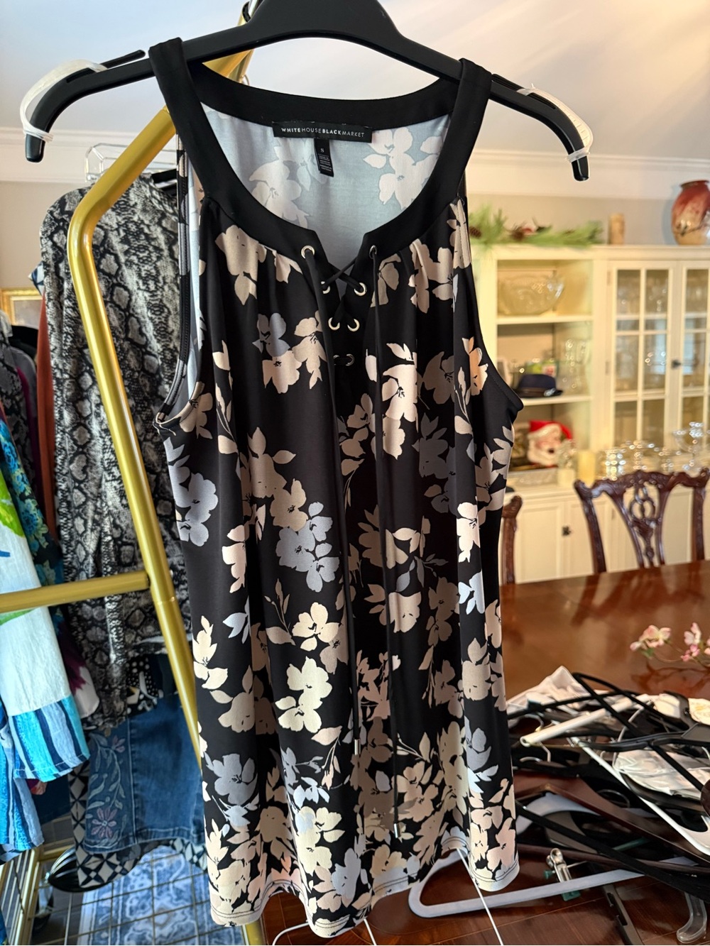 White House Black Market Black Floral Lace-Up Tunic